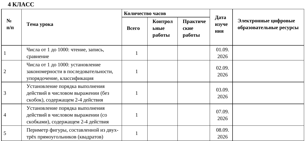 Фрагмент готового КТП по математике: у первых пяти уроков заполнены даты с 1 по 8 сентября 2026 года.